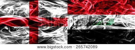 England Vs Iraq, Iraqi Smoke Flags Placed Side By Side. Thick Colored Silky Smoke Flags Of English A