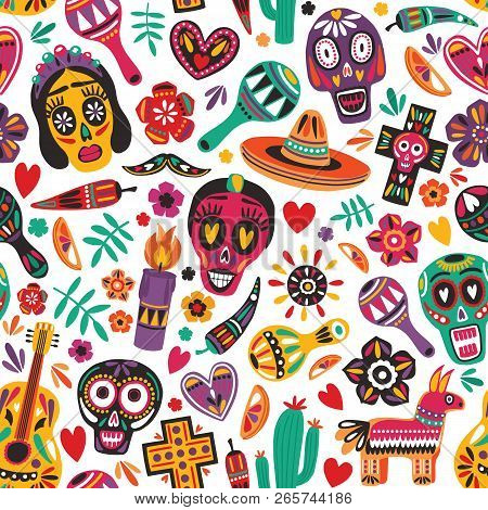 Holiday Seamless Pattern Decorated By Mexican Skulls, Pepper, Pinata, Cross, Candle, Maracas, Guitar