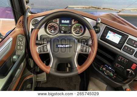 Hannover, Germany - Sep 27, 2018: Interior Of The Daf Xf 530 Ft Ssc Tractor Truck Showcased At The H