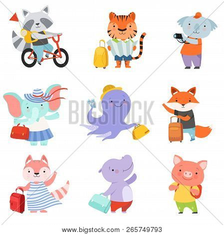 Cute Cartoon Animals Set, Raccoon, Tiger, Coala, Elephant, Octopus, Fox, Cat, Mouse, Piglet Travelli