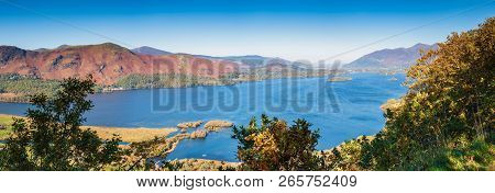 Panoramic View Of Derwent Water, Overlooked By Cat Bells And Skiddaw In The English Lake District No