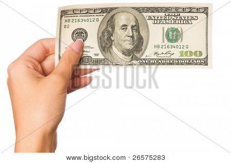 Hand met geld dollar geïsoleerd op witte achtergrond