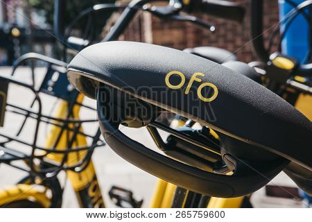 London, Uk - August 1, 2018: Close Up Of A Yellow Ofo Bike On A Street In London. Ofo Is A Dockless 