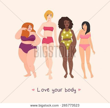 Group Of Women Of Different Race, Height, Figure Type And Size Dressed In Swimwear And Standing Toge