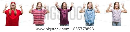 Collage of young beautiful little girl kid over isolated background showing and pointing up with fingers number eight while smiling confident and happy.