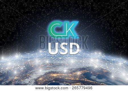 Concept Of Ck Usd Coin Floating Over World Network, A Cryptocurrency Blockchain Platform , Digital M