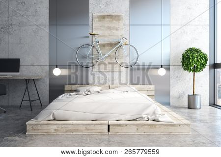 Contemporary Bedroom Interior With Workplace, Furniture, Decorative Items And Daylight. 3d Rendering