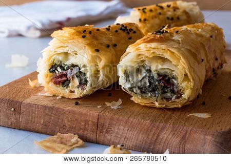 Turkish Borek With Spinach And Pastrami Or Pastirma.