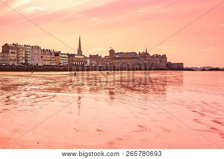 Walled City Saint-malo With St Vincent Cathedral At Low Tide. Saint-maol Is Famous Port City Of Priv