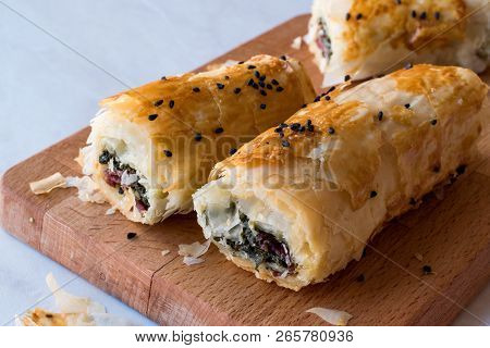 Turkish Borek With Spinach And Pastrami Or Pastirma.