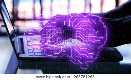 Side View Of Backlit Hands Using Laptop With Glowing Circuit Brain. Artificial Intelligence And Comm