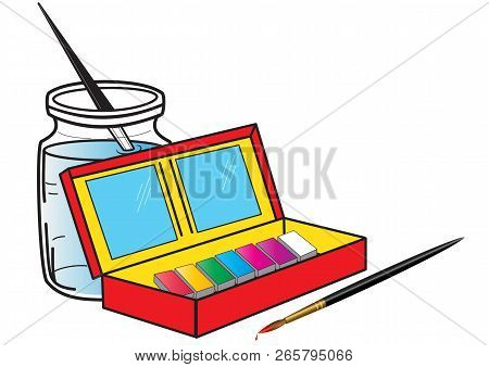 Illustration Of A Box With Paints, Cans Of Water And Brushes Isolated On White Background