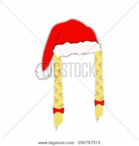 Vector Santa Girl Hat Illustration Isolated On White Background, Bright Red Christmas Decoration.
