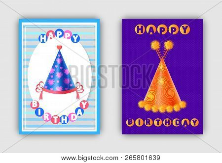 Happy Birthday Greeting Cards Vector Illustration, Striped And Dotted Backgrounds Of Festive Banners