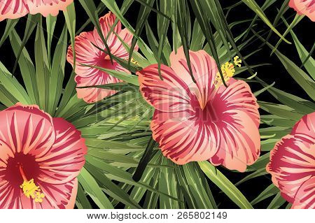 Green Red Exotic Pattern. Monstera Leaves And Hibiscus Flowers In Summer Print.  Hawaiian T-shirt An