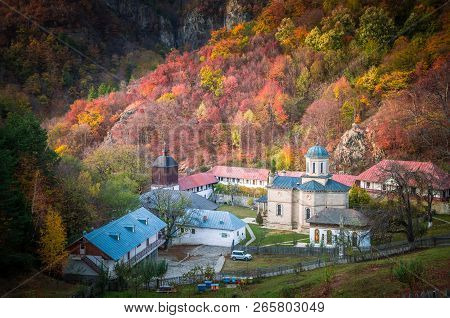 Stanisoara Monastery In Cozia National Park. Autumn In Cozia, Carpathian Mountains, Romania.