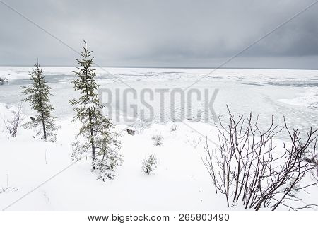 View Of The St. Lawrence Estuary In Winter In Canada