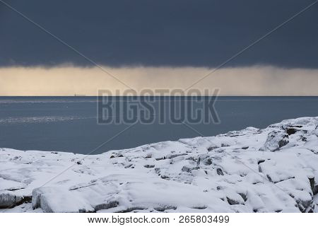 View Of The St. Lawrence Estuary In Winter In Canada