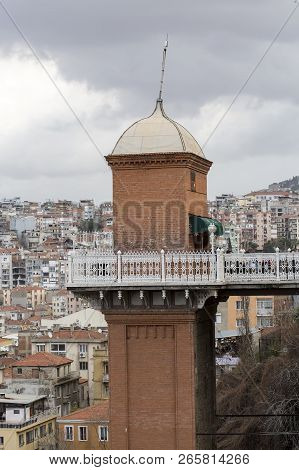 The Historical Elevator In Konak District, Izmir, Turkey. Beautiful View Of Izmir With Historical El