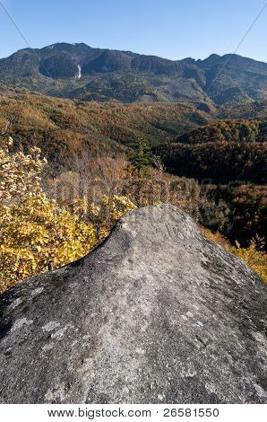 Fall Colored Forested Mountain Landscape With Cliff In Foreground