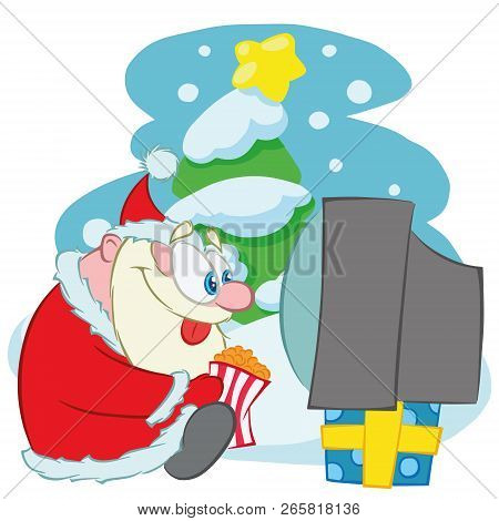 Santa Claus Cute Christmas Character. Santa Calus Is Watching Tv And Eating Popcorn