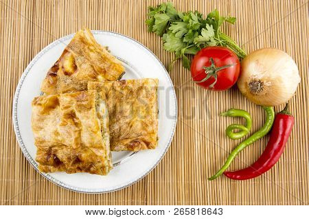 Turkish Style Meat And Cheese Stuffed Filo Dough Borek Served Su Boregi