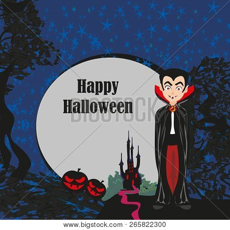 Vampire Man And Night Halloween Card , Vector Illustration