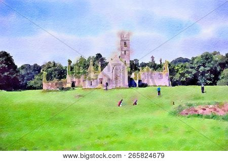 Watercolour Painting Of The Old Franciscan Friary At The Adare Manor Golf Club In Ireland On A Summe