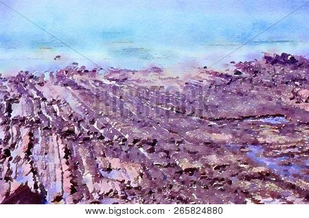 Watercolor Painting. Abstract Background Of Coast. Craggy Rocks With Striations And Sea, In Purple A