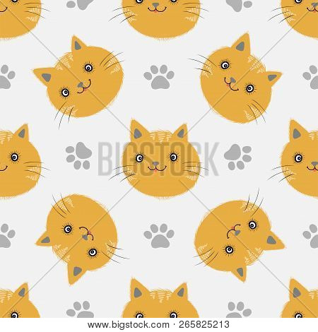 Vector Seamless Pattern With Kittens And Paws Footprints