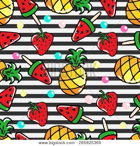 Vector Seamless Pattern With Pineapples, Watermelons And Srawberries On A Striped Background