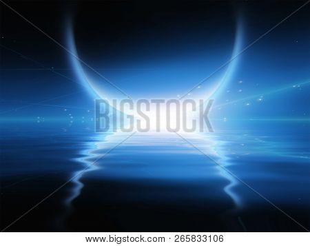 Exosolar planet rise over quiet waters. 3D rendering