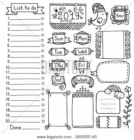 Bullet Journal Hand Drawn Vector Elements For Notebook, Diary And Planner. Doodle Frames Isolated On