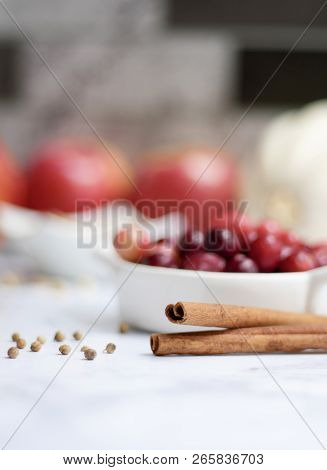 Detail Photo Of Cinnamon, Cranberries, Apples And Spices For Baking Apple Pie
