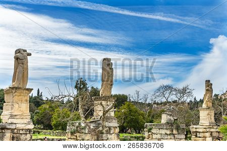 Stone Statues Triton Ancient Agora Market Place Fields  Athens Greece. Agora Founded 6th Century Bc,