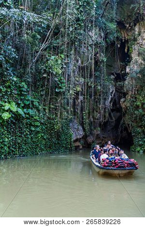Vinales, Cuba - Feb 18, 2016: Tourists In A Boat Are Leaving Cueva Del Indio Cave In National Park V