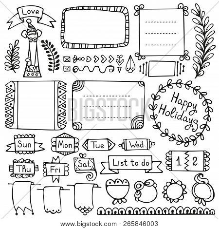 Bullet Journal Hand Drawn Vector Elements For Notebook, Diary And Planner. Doodle Frames Isolated On