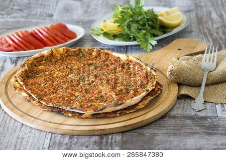 Traditional Delicious Turkish Foods; Turkish Pizza; Lahmacun