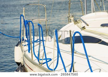 Yacht Capstan With Rope On Sailing Boat During Cruise, Marine Objects Concept.