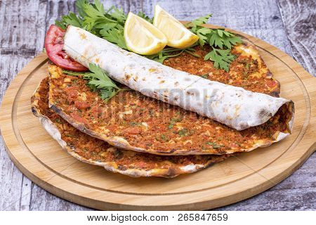 Traditional Delicious Turkish Foods; Turkish Pizza; Lahmacun