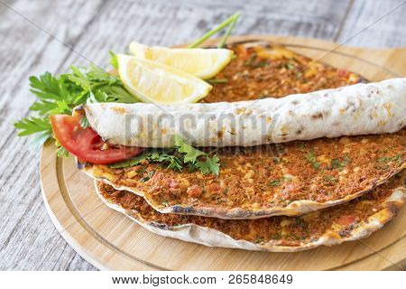 Traditional Delicious Turkish Foods; Turkish Pizza; Lahmacun