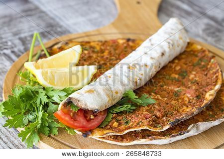 Traditional Delicious Turkish Foods; Turkish Pizza; Lahmacun