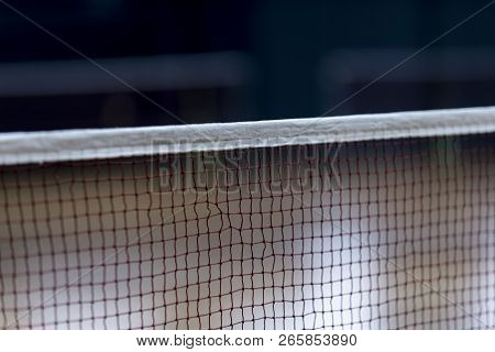 Badminton Net Indoor On Badminton Court, Closeup View Of Badminton Net With Blurry Background