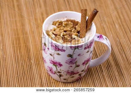 Delicious Turkish Hot Winter Drink, Sahlep On Wooden Background