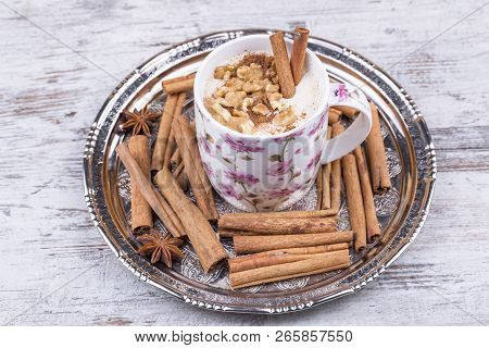 Delicious Turkish Hot Winter Drink, Sahlep On Wooden Background