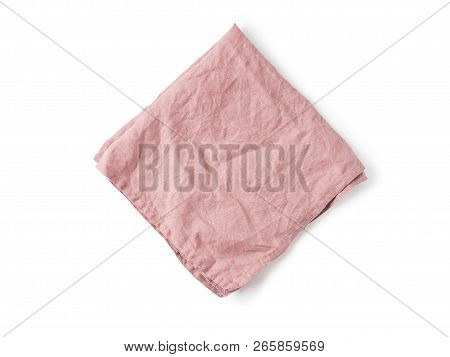 Folded Old Rose Color Linen Napkin Isolated On White Background. Obscure Pink Linen Napkin. Isolated