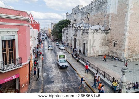 Merida, Mexico - Feb 27, 2016: Aerial View Of A Street Traffic In Merida, Mexico