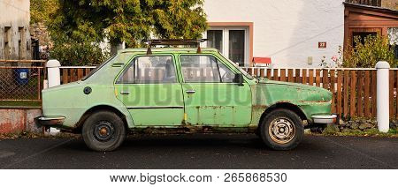 Dubicky, Czech Republic - October 26, 2018: Green Legendary Czechoslovak Car Named Skoda 120l Stand 