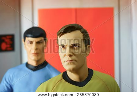 OCT 27 2018: Scene from Star Trek the original series with Captain Kirk and Mr Spock exiting the turbo lift on the bridge of the USS Enterprise - Diamond Select Toys