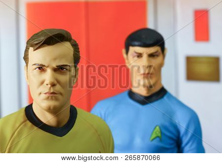 OCT 27 2018: Scene from Star Trek the original series with Captain Kirk and Mr Spock exiting the turbo lift on the bridge of the USS Enterprise - Diamond Select Toys